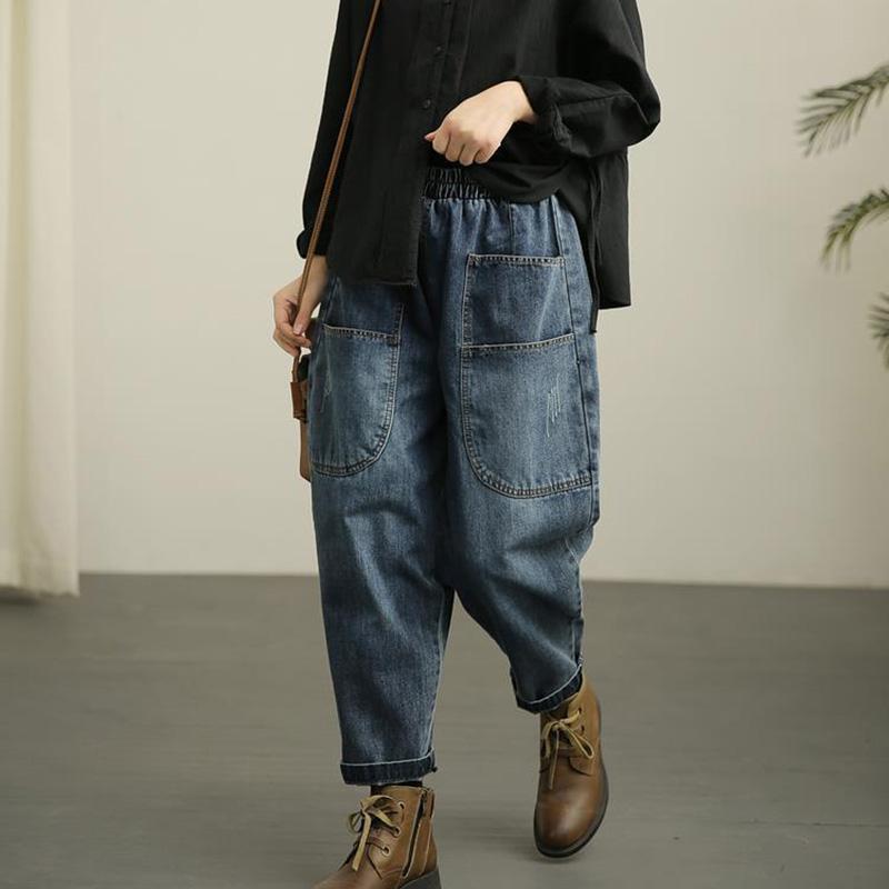 Ретро рваные брюки-шаровары с эластичной резинкой на талии, женские джинсы, свободные широкие брюки, прямые джинсовые брюки с большими карманами