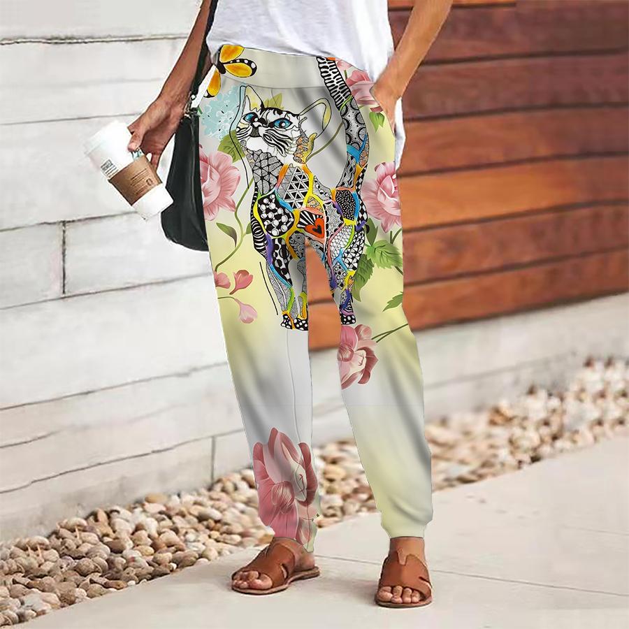 Женские брюки с принтом кошки, на шнуровке, с эластичной талией, свободные, повседневные длинные брюки, брюки с карманами