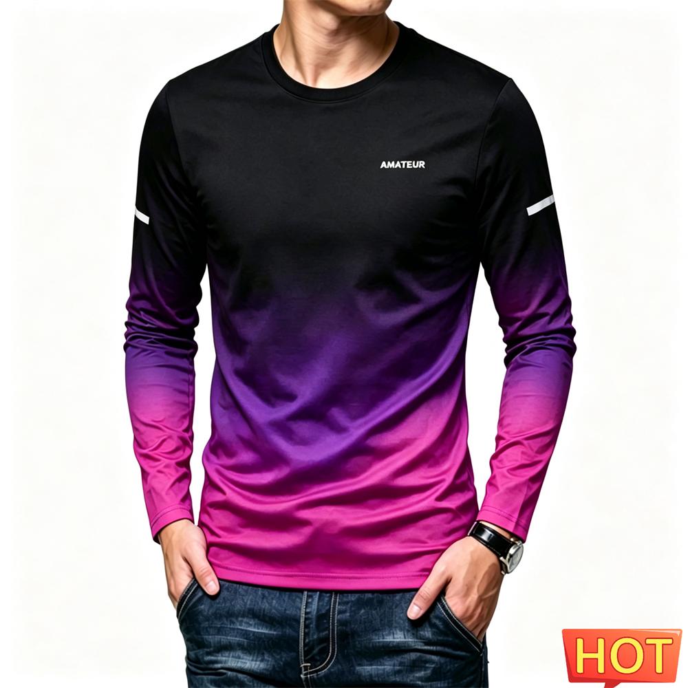 Fashion Letter Gradient Print Men's T Shirt Outdoor Run Fitness Sports Top Autumn Casual O-neck Long Sleeve T-shirt Men Clothing