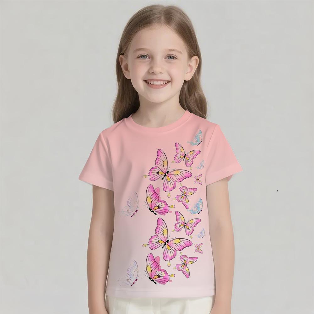 Kids T Shirt Short Sleeve Tee Gradient Butterfly Girls Clothes 5 to 6 Years Tops Tees Children's T-Shirt Round Neck Girl Blouse