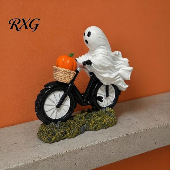 Ghost Figurine for Halloween Decoration Riding Motorcycle Figurine, Novelty Rider Resin Small with Pumpkins Statue Pumpkin Indoor Home Desk