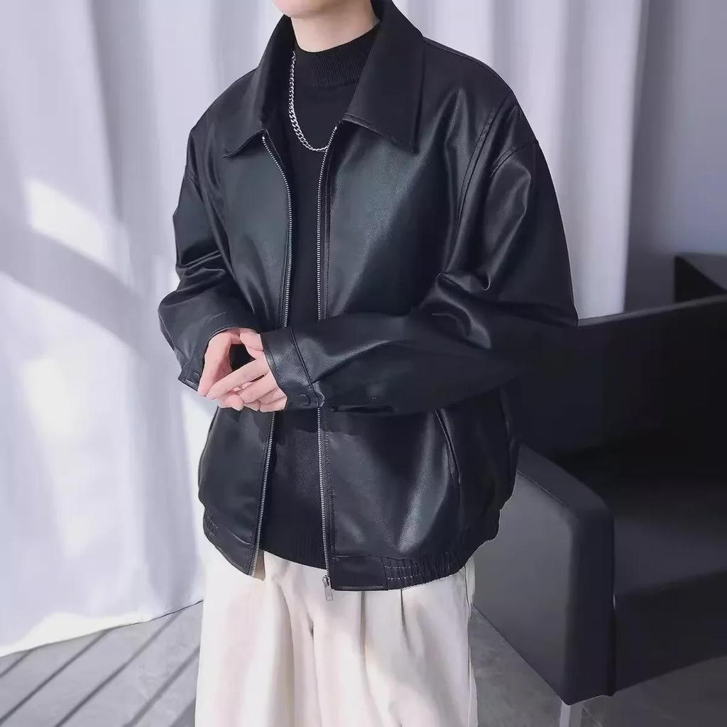 Мужская осенняя куртка из искусственной кожи с узкими лацканами для мотоцикла - модный красивый дизайн