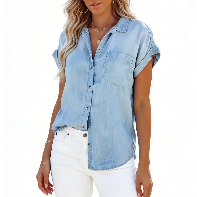 Denim Shirt For Women With Turndown Collar Short Sleeve Casual Summer Top