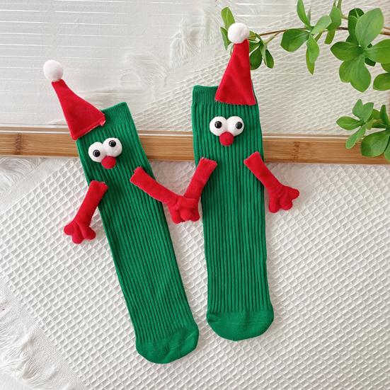 1 Pair Christmas Couple Socks Cartoon Shape Magnetic Hand-linking Festive Mid-tube Thick Warm Anti-slip