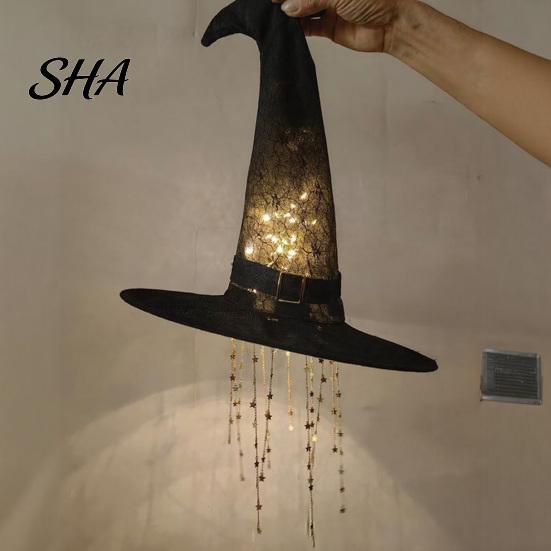 Magical Halloween Home Accent 2 Pcs Light Up Black Mesh Witch Hat Hanging Chime, Glowing Spooky Porch Ornaments Lamp with Cascading Stars for