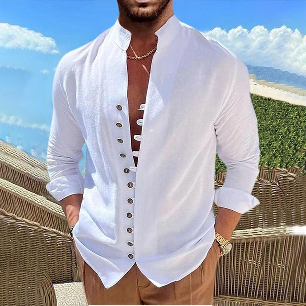 Новая мужская повседневная свободная рубашка из хлопка и льна в стиле ретро с длинными рукавами