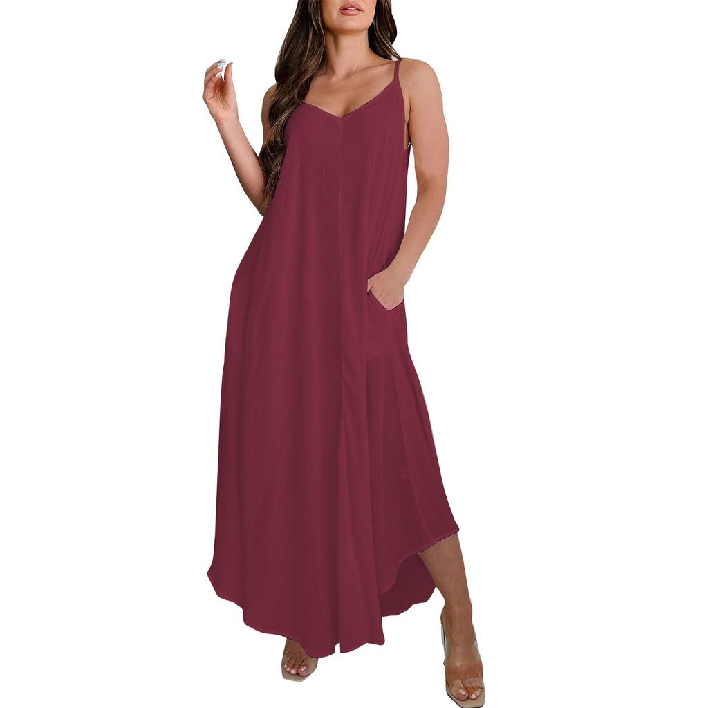 Women's Fashion Loose With Pockets Sleeveless Spaghetti Straps Solid Color Long Dresses