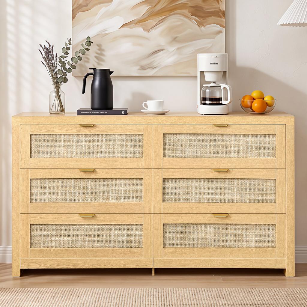 VEVOR 6 Drawer Rattan Dresser, Double Dresser for Bedroom, Natural Rattan Chest of Drawer with Metal Handle