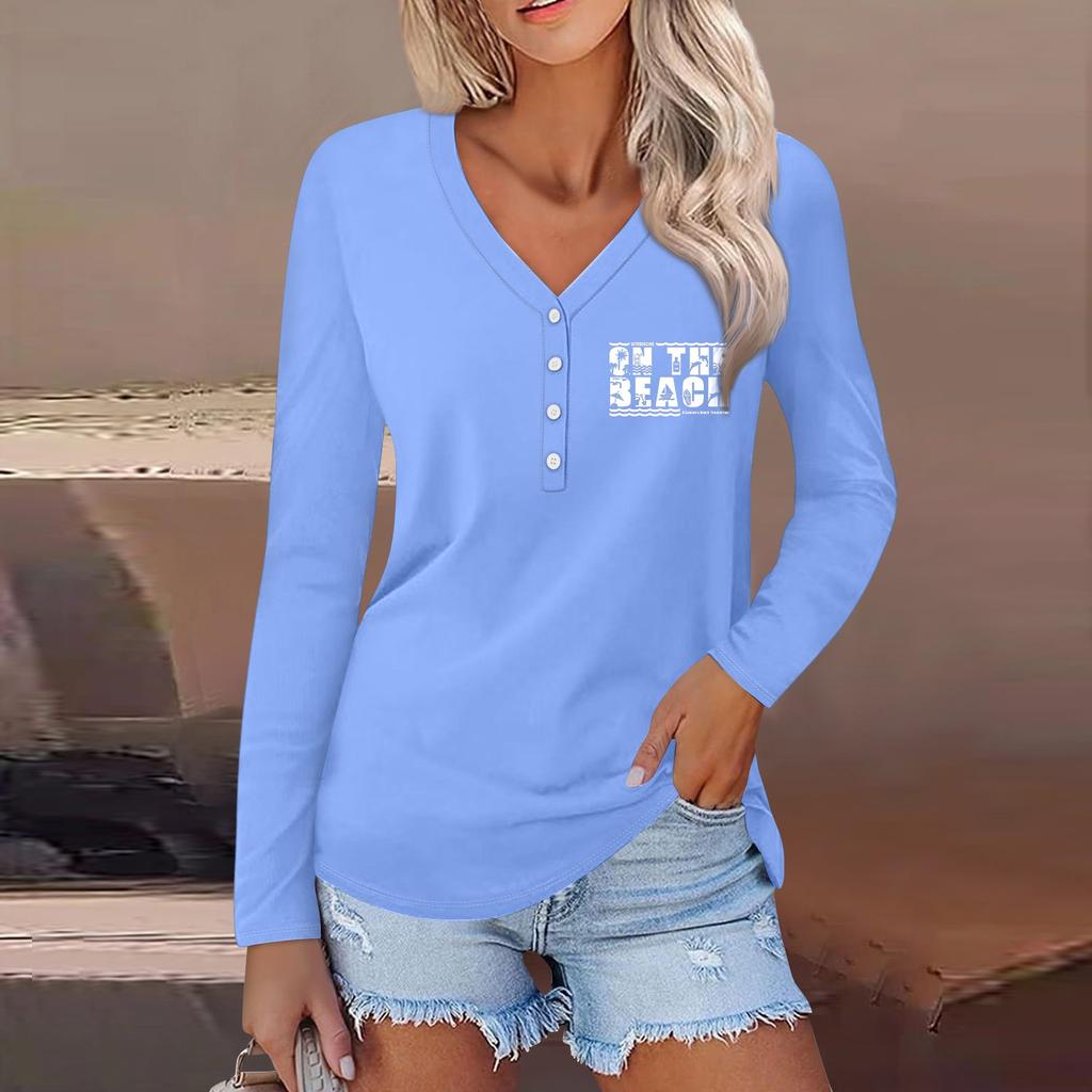 Женская повседневная мода сексуальный удобный пляжный стиль повседневный принт V-образный вырез пуговицы длинный рукав