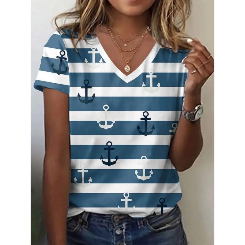 Полосатая графическая 3D футболка женская летняя с V-образным вырезом и коротким рукавом, праздничная повседневная футболка, женская уличная одежда, футболка оверсайз