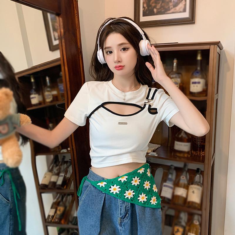 Женская футболка с коротким рукавом, контрастный цвет, ажурные футболки из двух частей с искусственным узором нестандартной формы