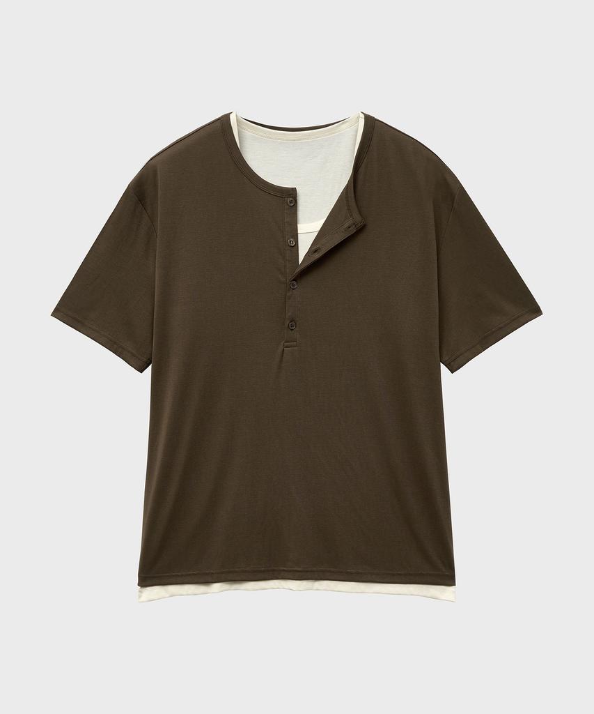 NOIRER Многослойная футболка-henley с коротким рукавом (Хаки Айвори)