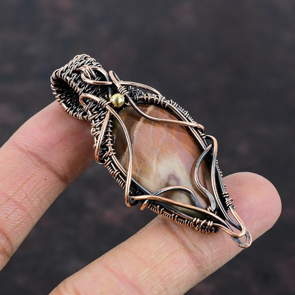 Подвеска из полихромной яшмы, медная проволока, кулон ручной работы, драгоценный камень, медь, ювелирные изделия, подарок для мамы, уникальный кулон, ювелирные изделия из проволочной обмотки