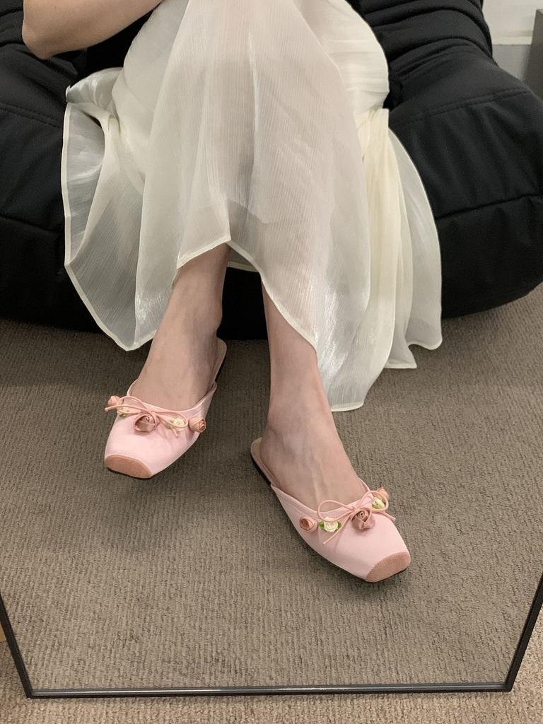 Half Slippers 2024 New Flat-bottomed Bag Head Slippers Fairy Style Single Shoes Wearing Sandals Pink Muller Women's Shoes