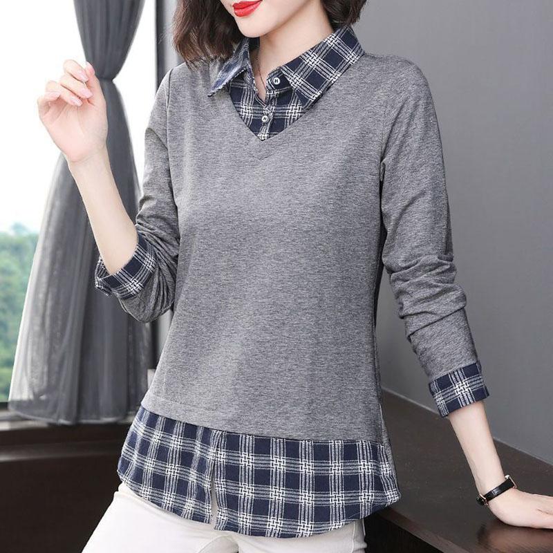 Cotton Shirt Women's Fall and Winter Plaid Fake Two-piece Comfortable Pullover Tops Big Yards Bottoming Shirt Casual Pullover Tops