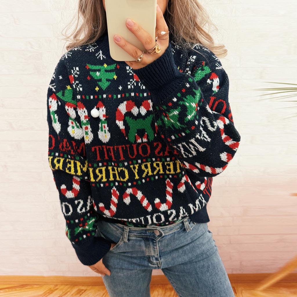 Women's Fashionable Long Sleeved Christmas Pullover Round Neck Casual Sweater Top