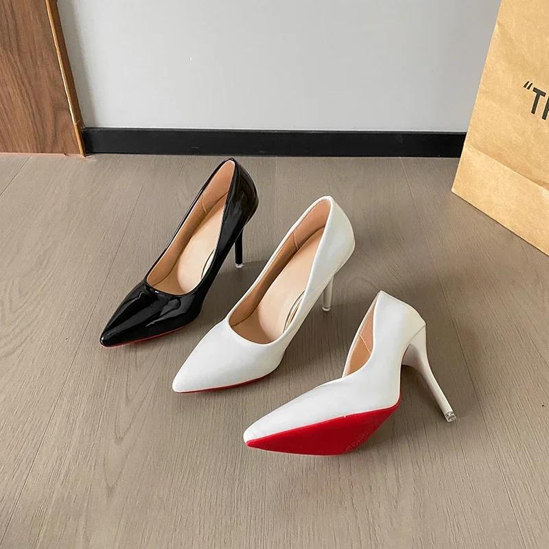 Дизайнерские туфли весна-осень из лакированной кожи, женские туфли на каблуках, модные женские туфли-лодочки на шпильках, сексуальные женские туфли с красной подошвой, праздничные туфли