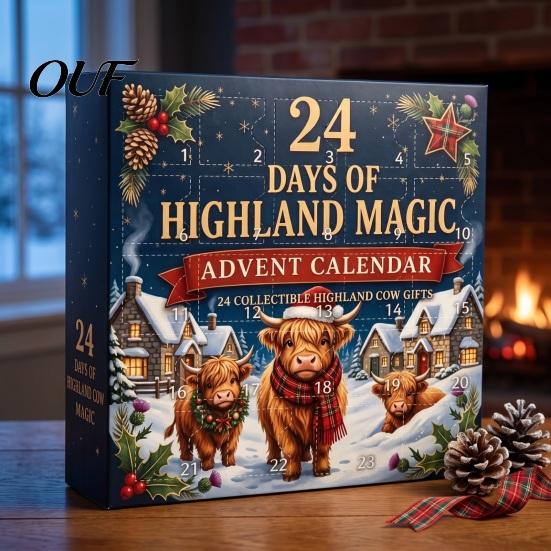 Holiday Countdown Decorations 24 Days of 3D Highland Cow Christmas Advent Calendar, Cute Farm Gift for Boys Girls Cattle Calendar with Mini Figurines