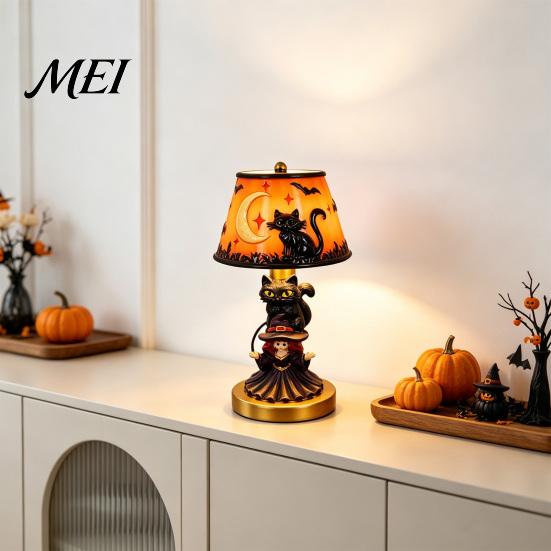 Retro Bedside Lamp Halloween Vintage Table Lamp, Resin Pumpkin Skeleton Black Cat Non Dazzling Bedroom Night Light, Gothic for Living Room Light