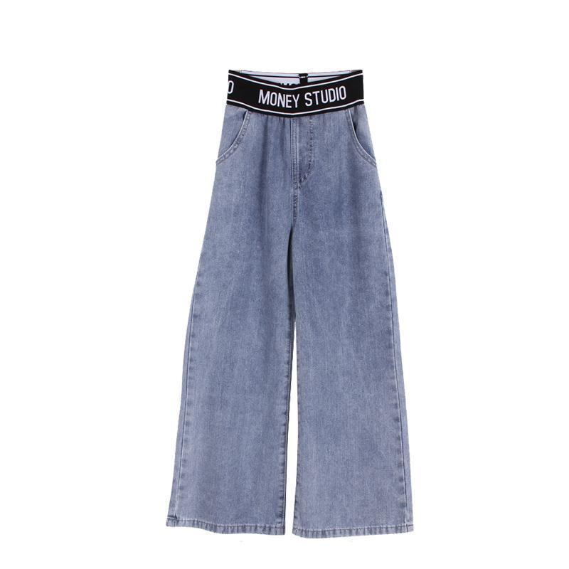 Синие джинсы для девочек, весенне-осенние повседневные модные свободные синие детские широкие брюки, школьные детские брюки с высокой талией