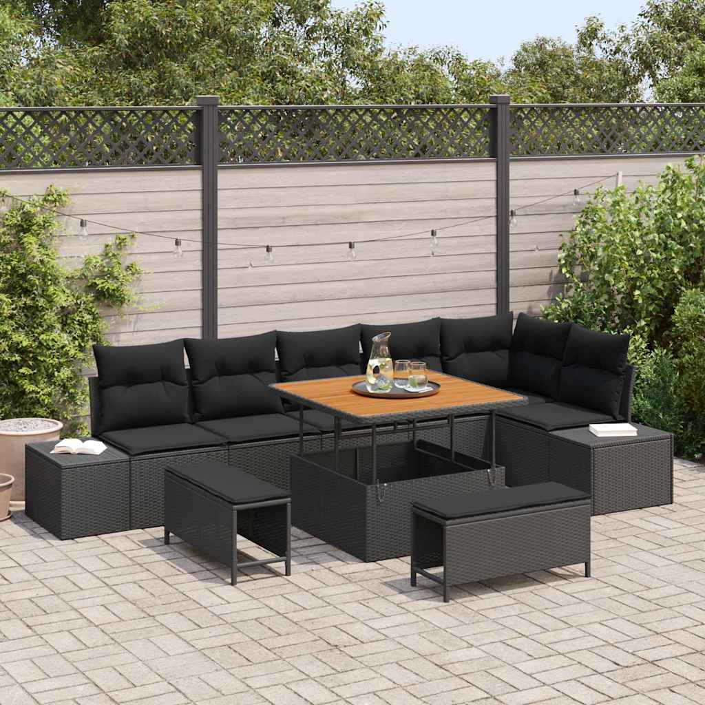 9 Piece Garden Sofa Set with Cushions Black Poly Rattan