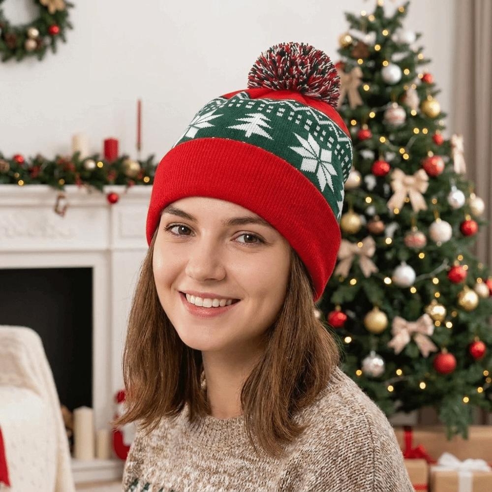 Snowflake Knitted Beanie Hat Jacquard Christmas Knitted Hat Vintage Christmas Hat Women