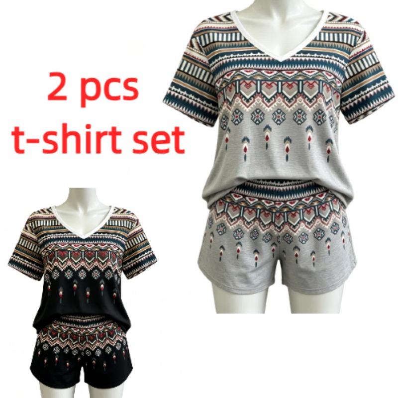 Summer Fashion Ethnic Geometric Patterns Printed V Neck Short Sleeved T-Shirt And Shorts Set Women's and Men's T-shirt Shorts Set