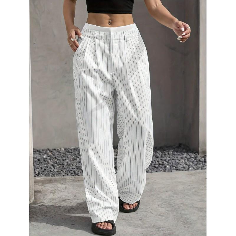High-Waisted Wide-Leg Striped Trousers Women Office Chic Straight Cut Pants With Pockets Lightweight Stretch Fit