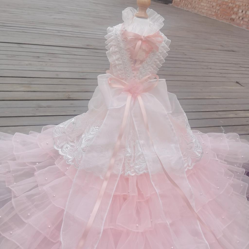 Pet Dog Clothes Luxury Handmade Pearl Lace Flower Print Long Tail Photography Dresses for Small Medium Dogs Puppy Clothing XS-XL