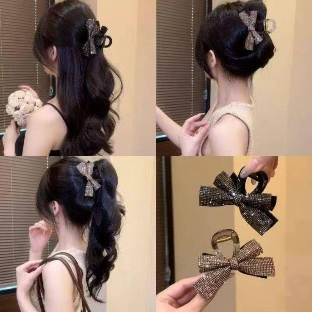 Simple Bow Hair Clip Full Diamond High Ponytail Clip Fashion Diamond Bow  Daily Wear