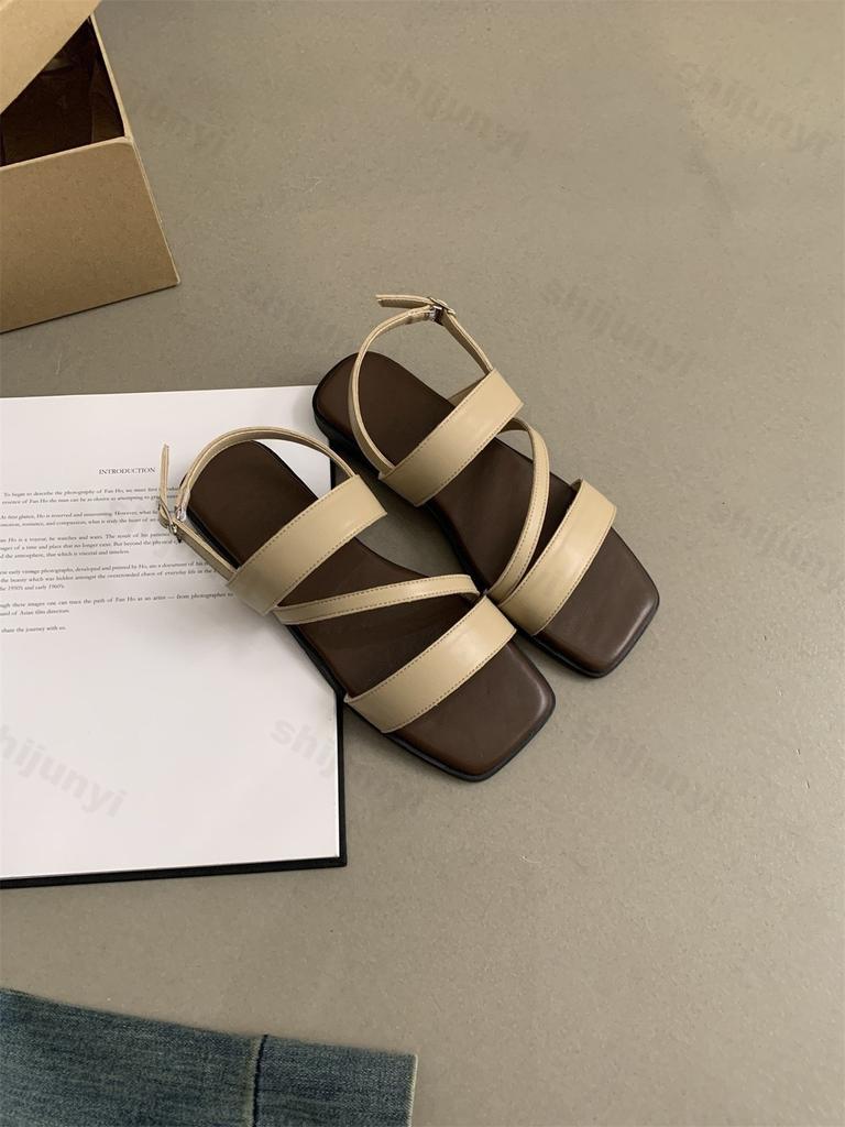 Модные сандалии в римском стиле, ретро, с открытым носком, повседневные, на плоской подошве, для женщин, лето 2025, удобные, универсальные, с ремешком сзади, модные, пляжные, крутые туфли