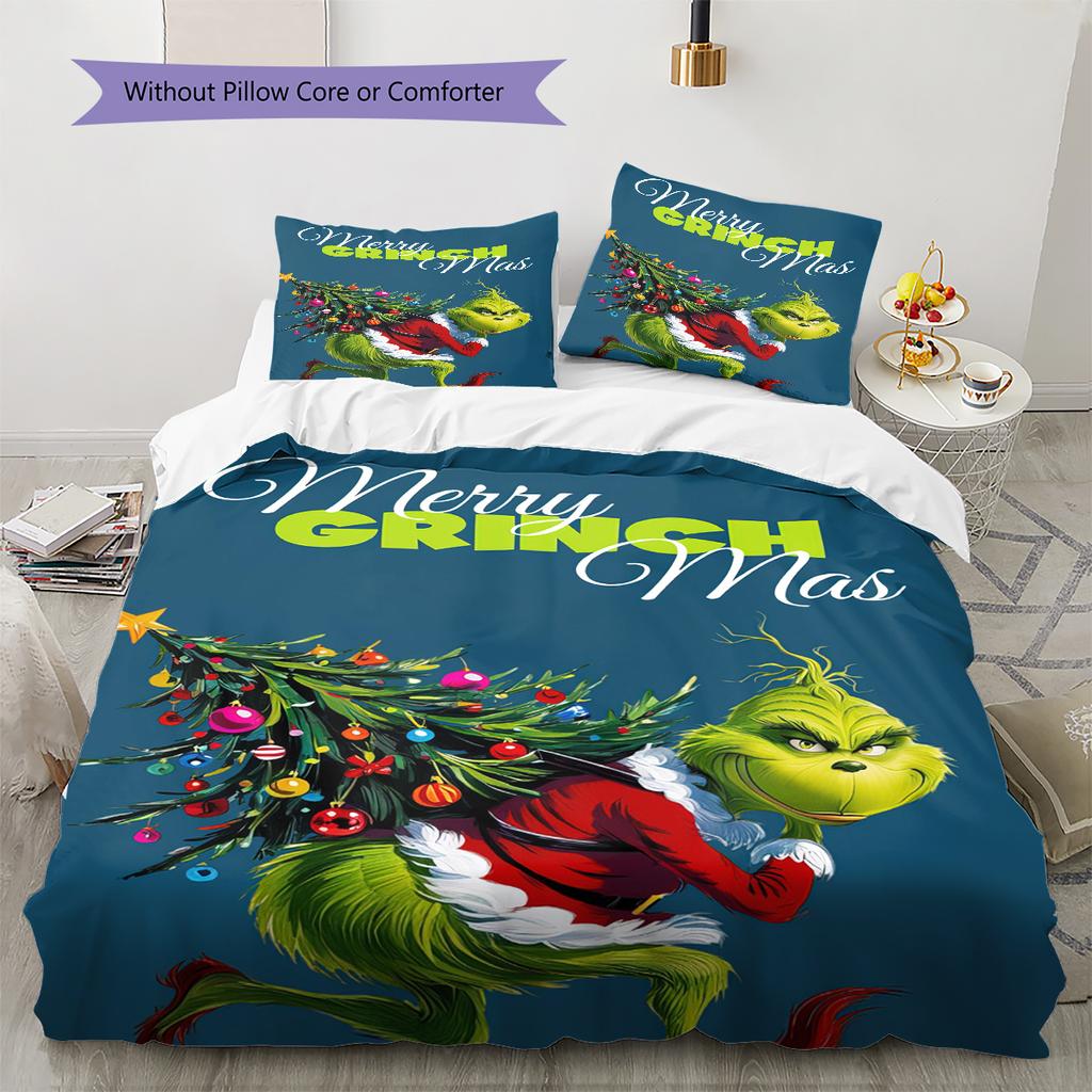 1PC Grinch pattern Bedding Quilt Set Quilt Cover Pillowcase Home Decoration Birthday Gift (1 * duvet cover + 2 * pillowcase, without core)