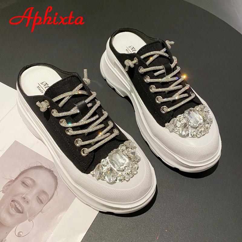 Fashion Aphixta Luxury Crystals Lace-up Toe Platform Slippers Women Rhinestone Slides Canvas Bling Shoes Wedge Thick Sole Slides