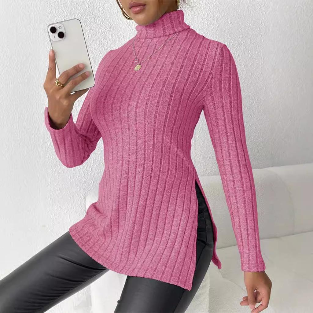 Winter Women's High Neck Slim Waist Under Split Long Sleeve Sweater