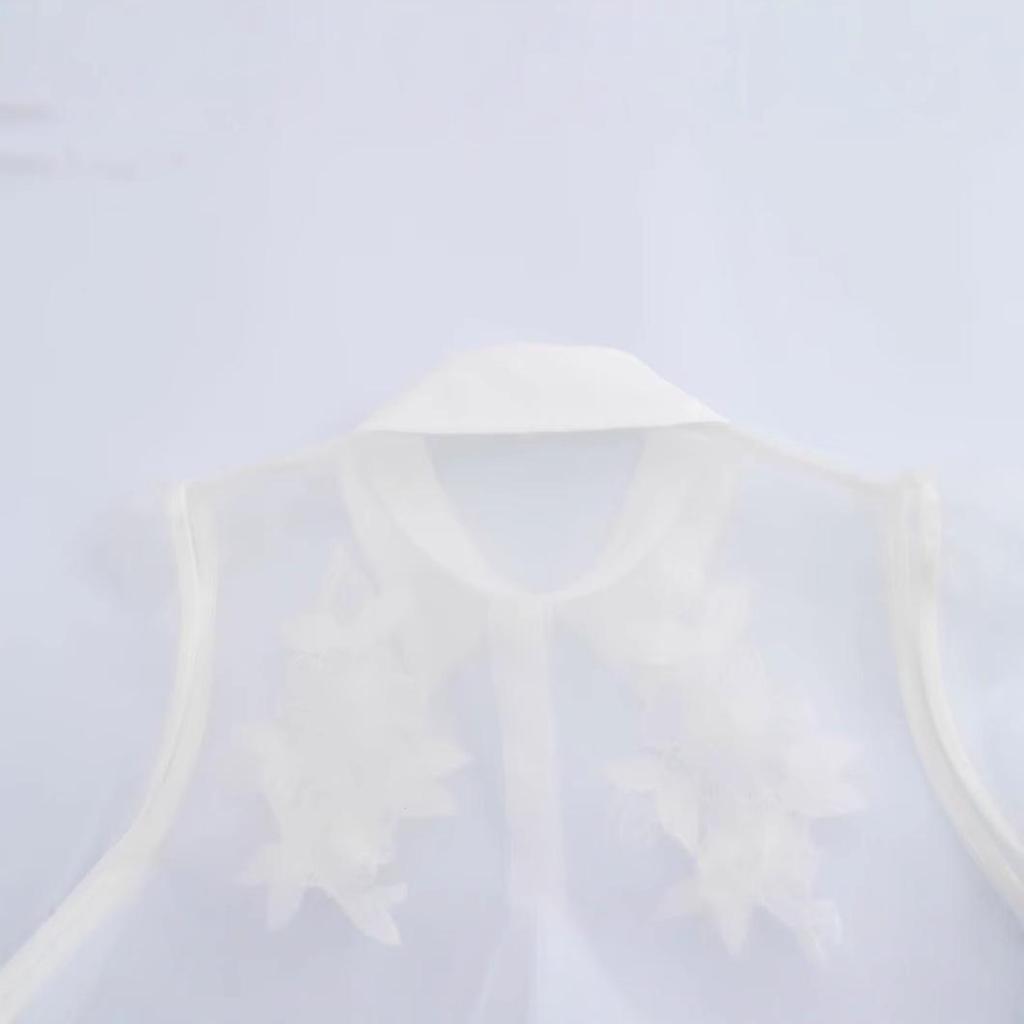 2024 Autumn Women's European-American Style Organza Flower See-Through Shirt