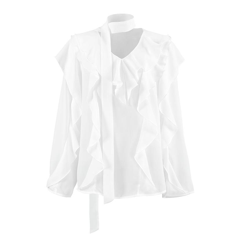 1116 spring and summer new product comfortable V-neck ruffle edge long-sleeved loose shirt European and American design sense commuter versatile top