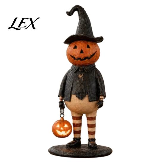 Autumn Home Ornament Pumpkin Witch Figurine, Spooky Halloween Statue with Lantern, Cute Desk Accessory Vintage Gothic Resin for Tabletop Mantel Shelf