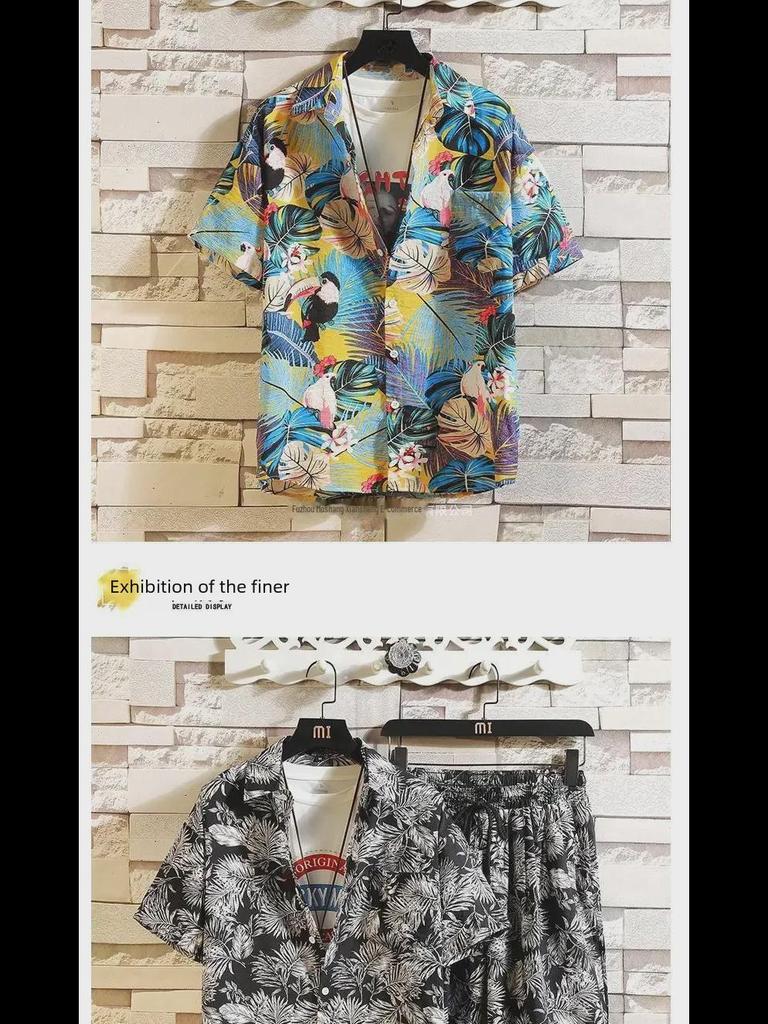 Мужской комплект из двух предметов Ice Silk Quick-Dry Floral: Модная летняя рубашка с коротким рукавом и пляжные шорты, парные наряды.