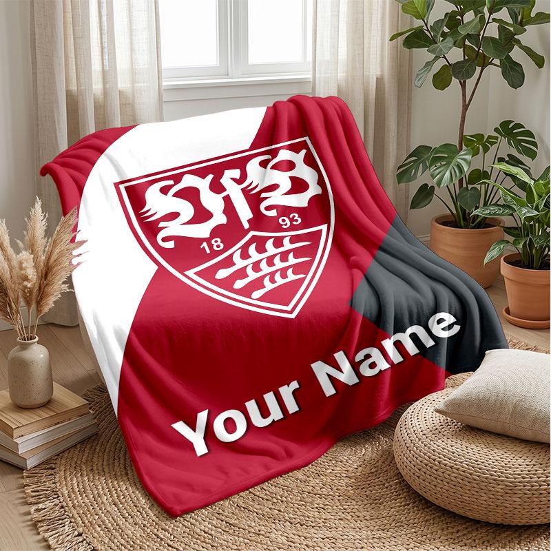 VfB Stuttgart FC Custom Name Text Flannel Blanket Soccer Logo Personalized Fleece Throw Blanket Special Gift For Sofa Bedroom Home