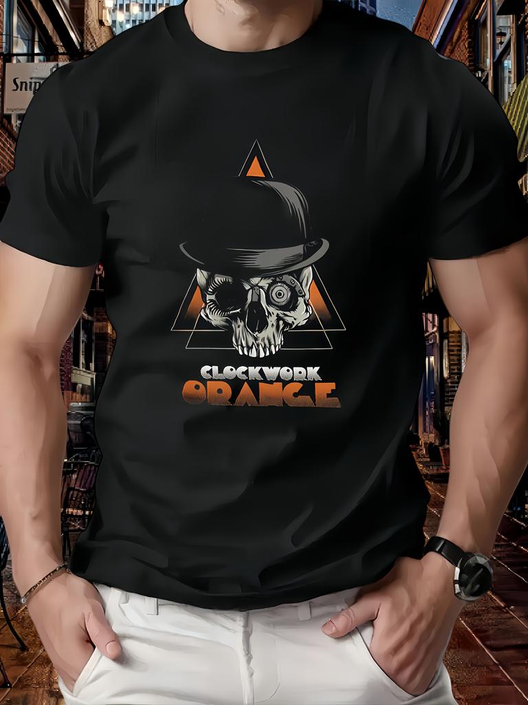 ZX A Clowork Orange Classic Movie Tshirt Skull Hat and Triangle Element Cult Movie Culture Mens Short Sleeve