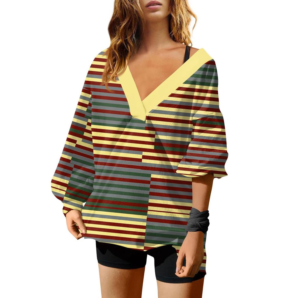 Женская мода полосатый принт V-образный вырез длинный рукав свободный пуловер свитшот топ
