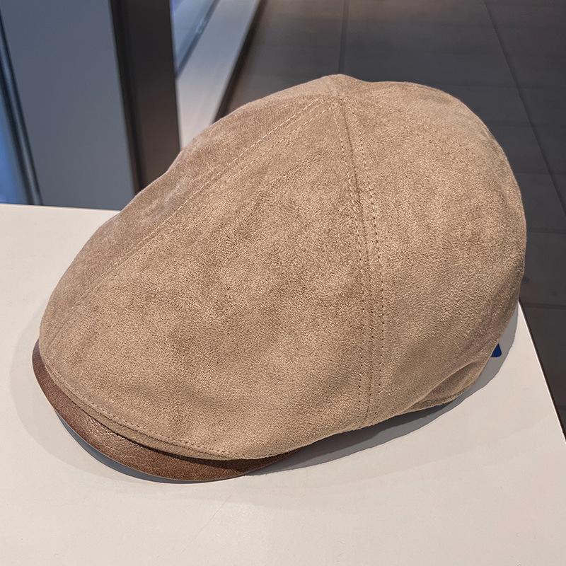 New suede leather brim splicing forward hat women's autumn and winter high-quality old money wind retro warm cap