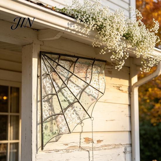 Dark Retro Home Decor Spiderweb Door Topper, Acrylic Gothic Sun Catcher with Hanging Gem Spiders, Spider Decoration Halloween Rainbow Window And Party