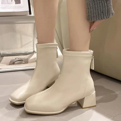 Новые зимние женские ботинки с квадратным носком из цельной искусственной кожи, модные ботильоны, женские ботильоны на блочном каблуке для вечеринок на открытом воздухе