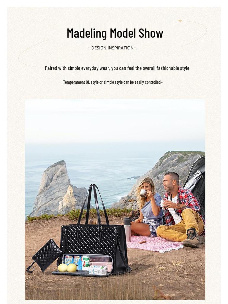 Insulated Black Diamond Lunch Bag with Handle & Shoulder Strap for Work or Picnic