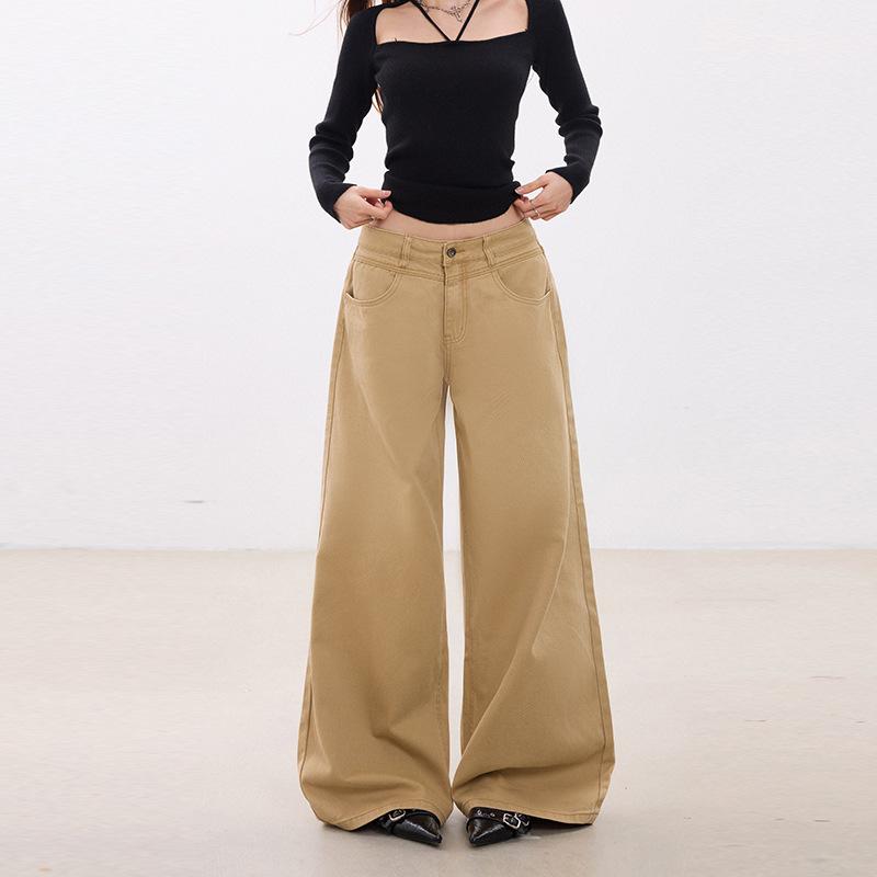 Khaki jeans women's autumn and winter new versatile loose and thin adjusting waist design loose low waist wide leg pants