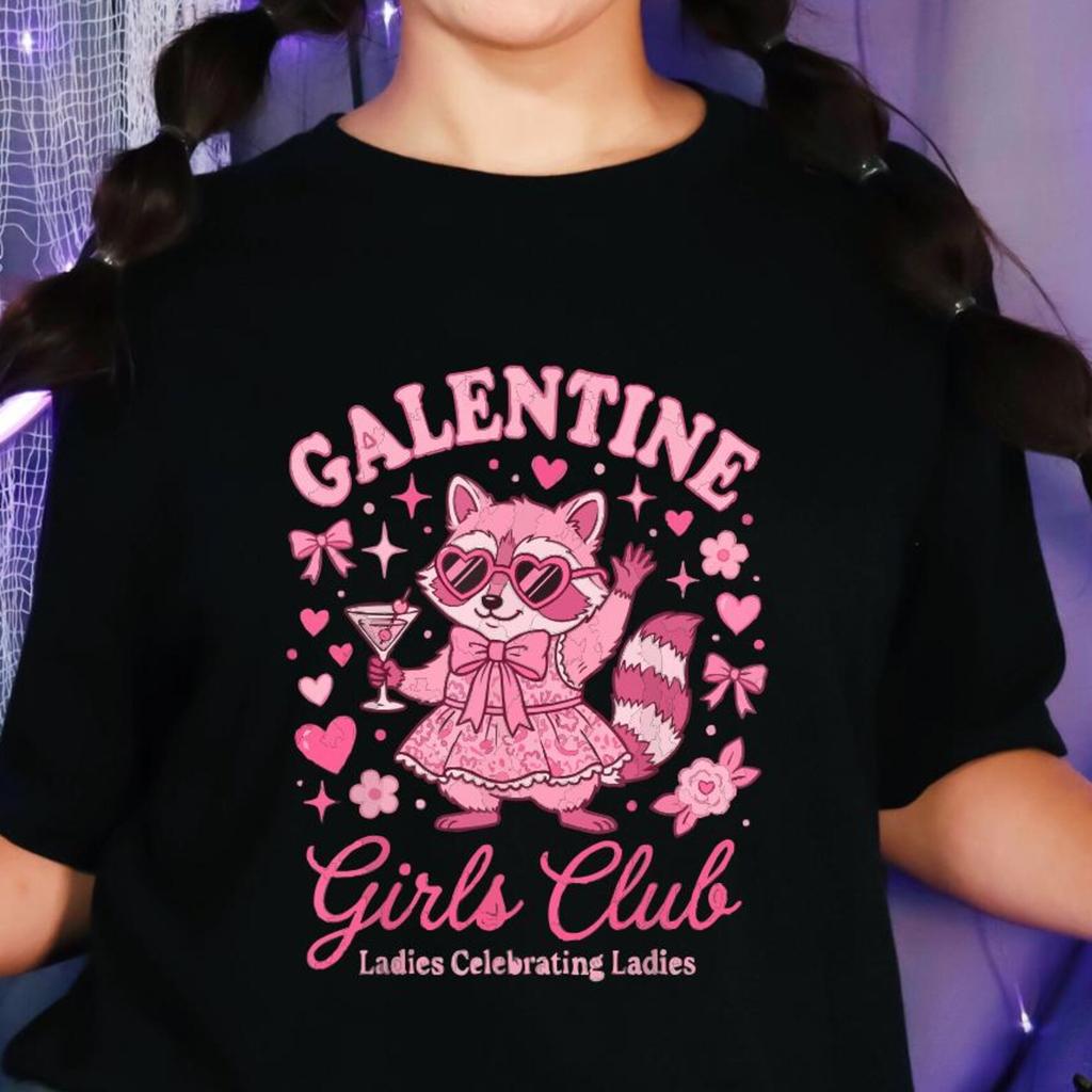 Galentine Girls Club Raccoon Graphic Tee, Ladies Valentine's Gift
