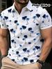 [Printed Design - Not Textured] Men'S Casual Polo Shirt, Made from Lightweight Fiber, Featuring Palm Tree Pattern, White And Blue Tones, Perfect for