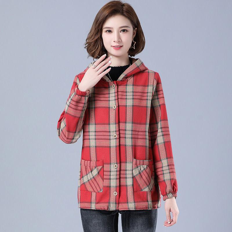 Женский утепленный кардиган с капюшоном на осень и зиму, клетчатая толстовка с капюшоном на молнии, теплая толстовка с капюшоном