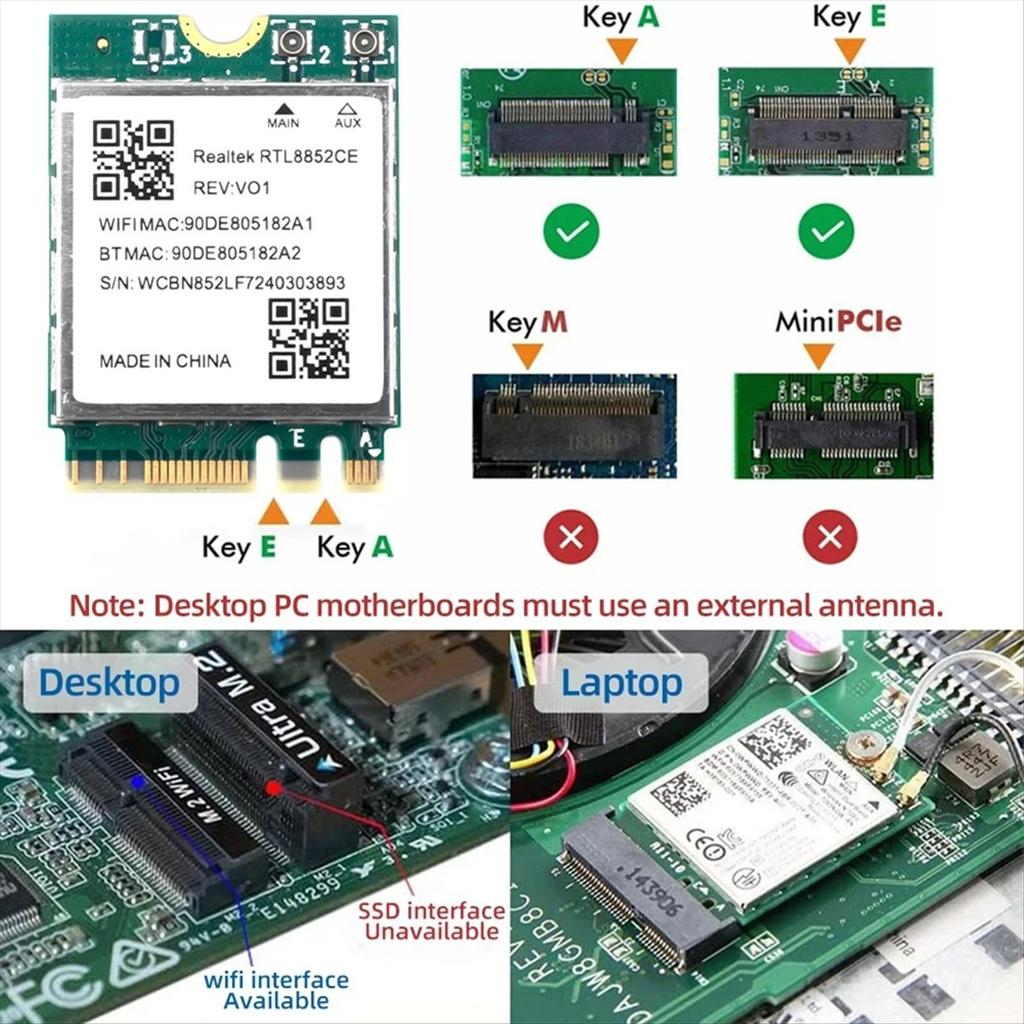 WiFi 6E RTL8852CE M.2 Сетевая карта 5400 Мбит/с 802.11AX BT 5.3 Беспроводной адаптер Трехдиапазонный 2,4/5/6 ГГц для 10/11